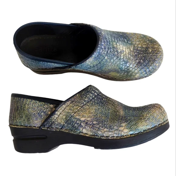 Sanita Reptile Embossed Leather Slip On Clogs EU 39 Blue Green - Picture 2 of 16